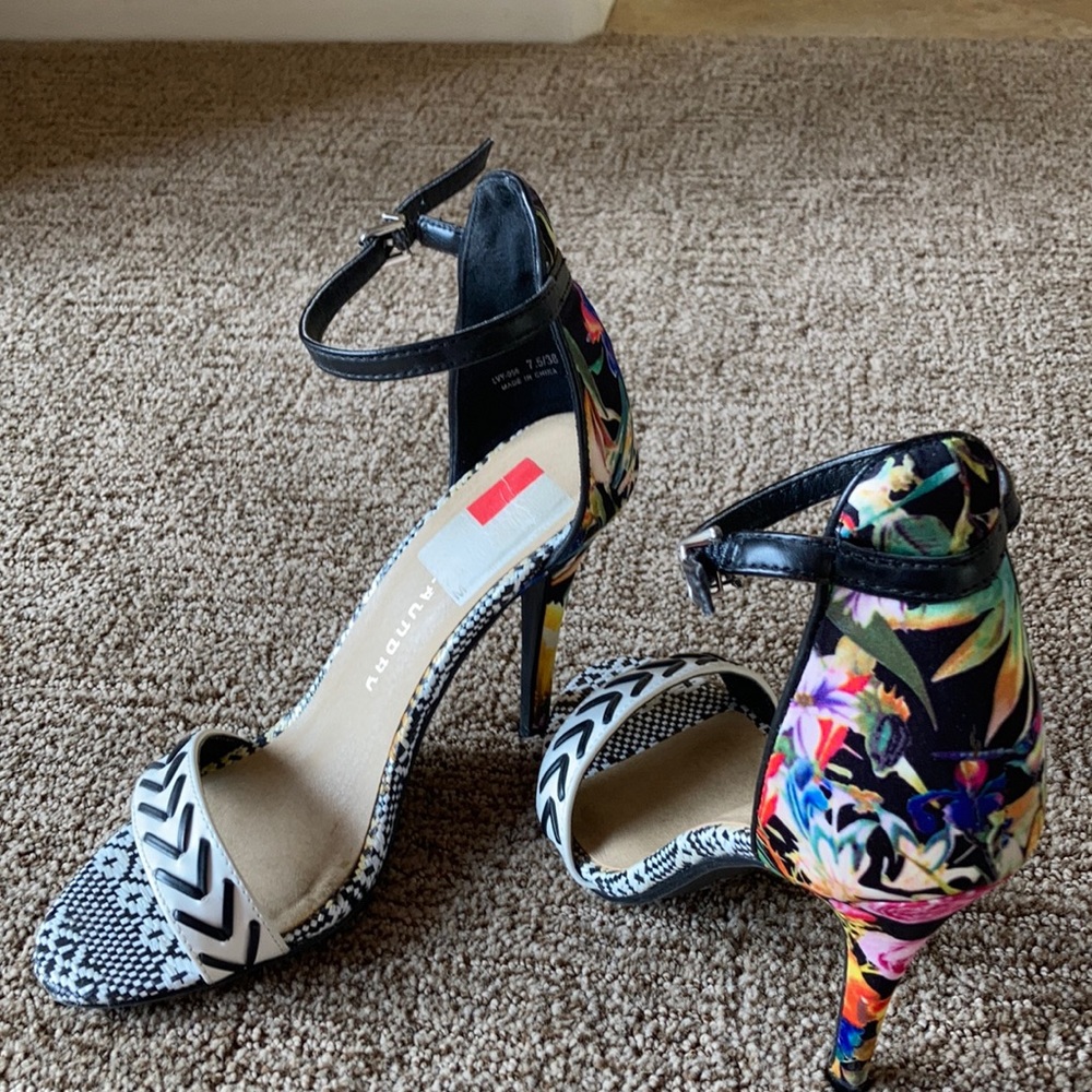 Awesome heels, black and white in front, multi floral in the back
